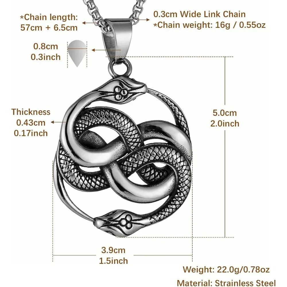 Mens End to End Silver Snake Gothic Stainless Steel Snake Pendant Jewelry Chain